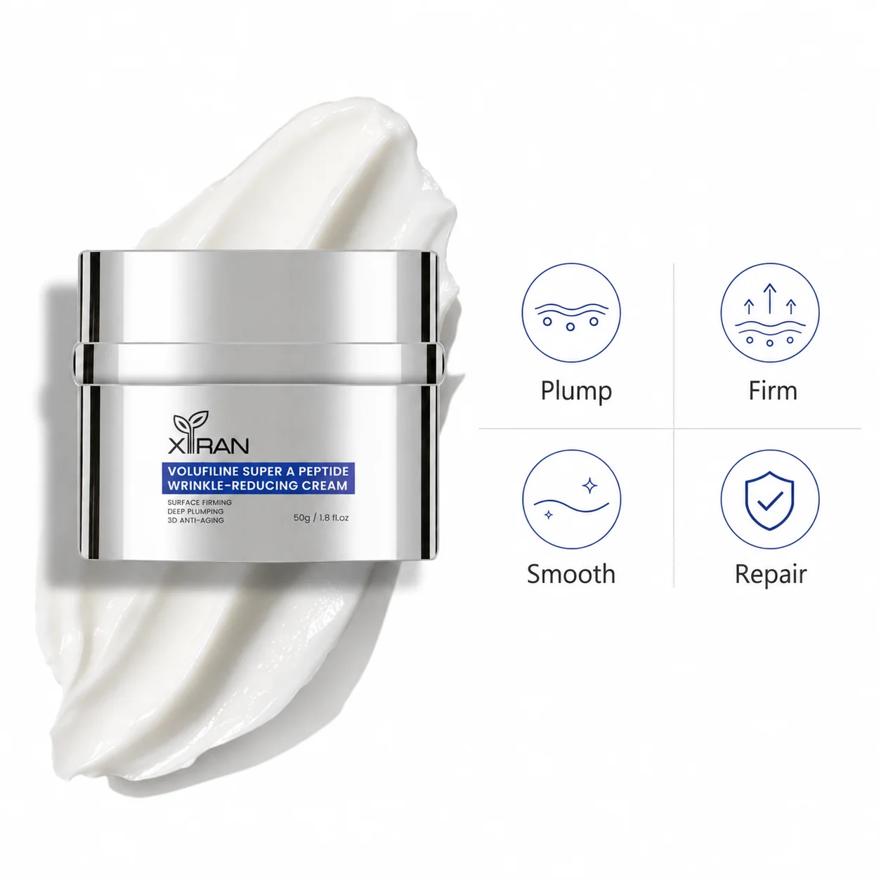 Container of Volufiline Super A Peptide Wrinkle-Reducing Cream with white cream smear and icons denoting plump, firm, smooth, and repair benefits.